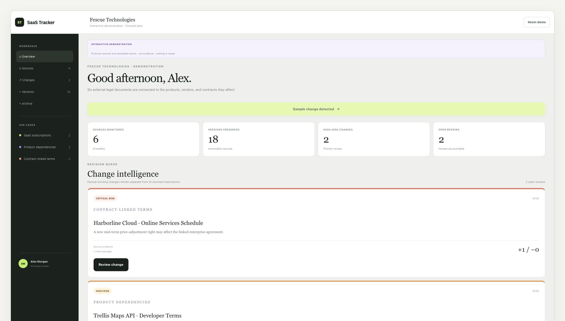 Fescue Technologies Decision Queue in the SaaS Tracker demonstration